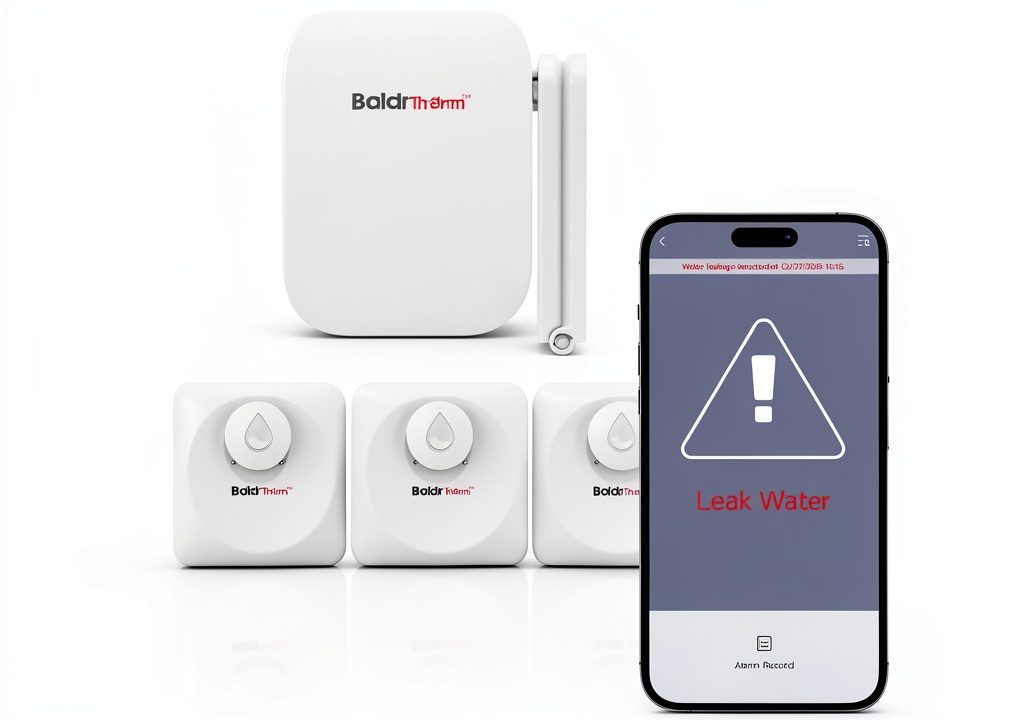 Installing BALDR wireless water leak detector with 100dB siren on a basement wall, showing the app screen on a smartphone